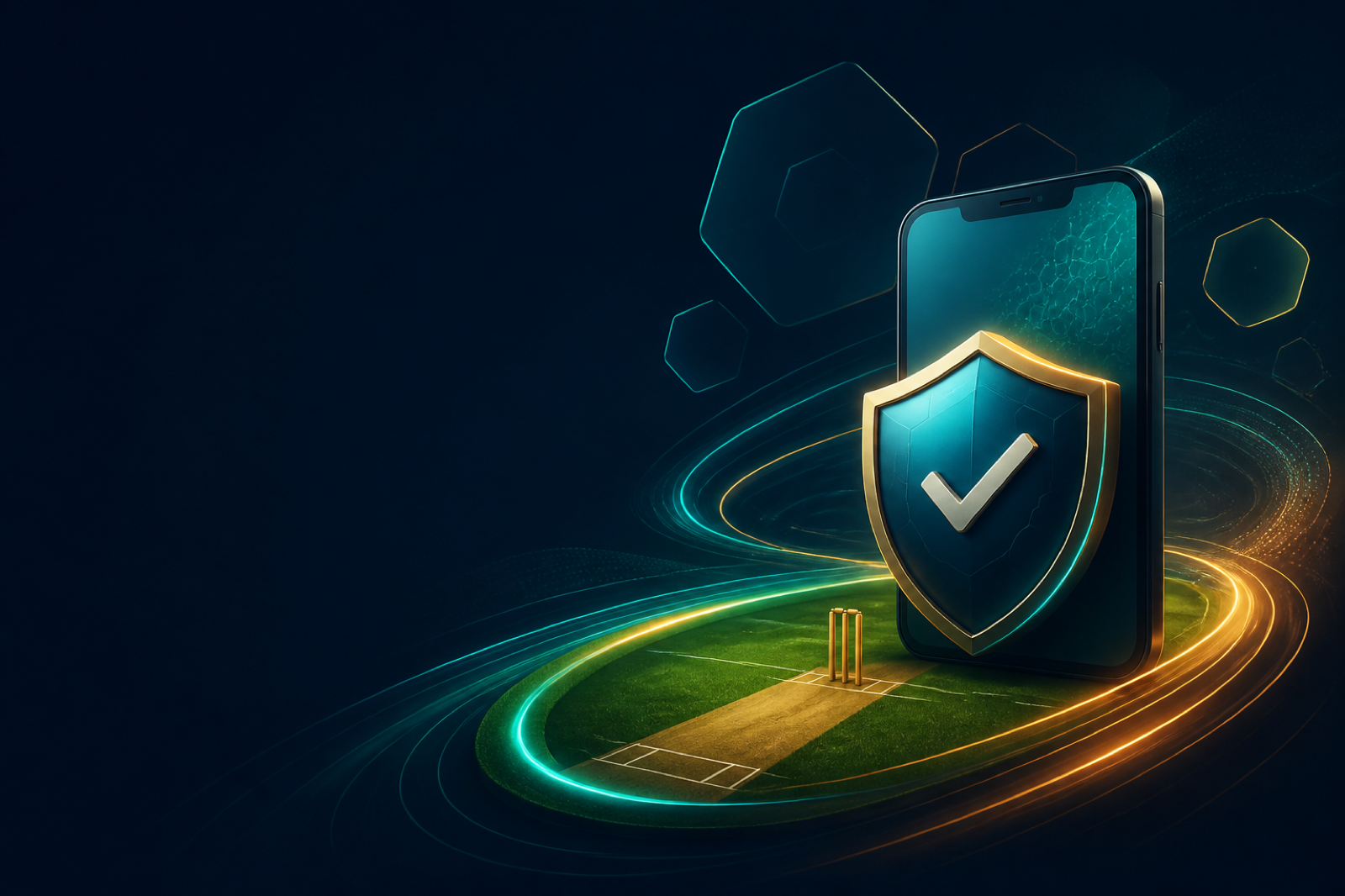 Abstract mobile security shield beside a cricket field